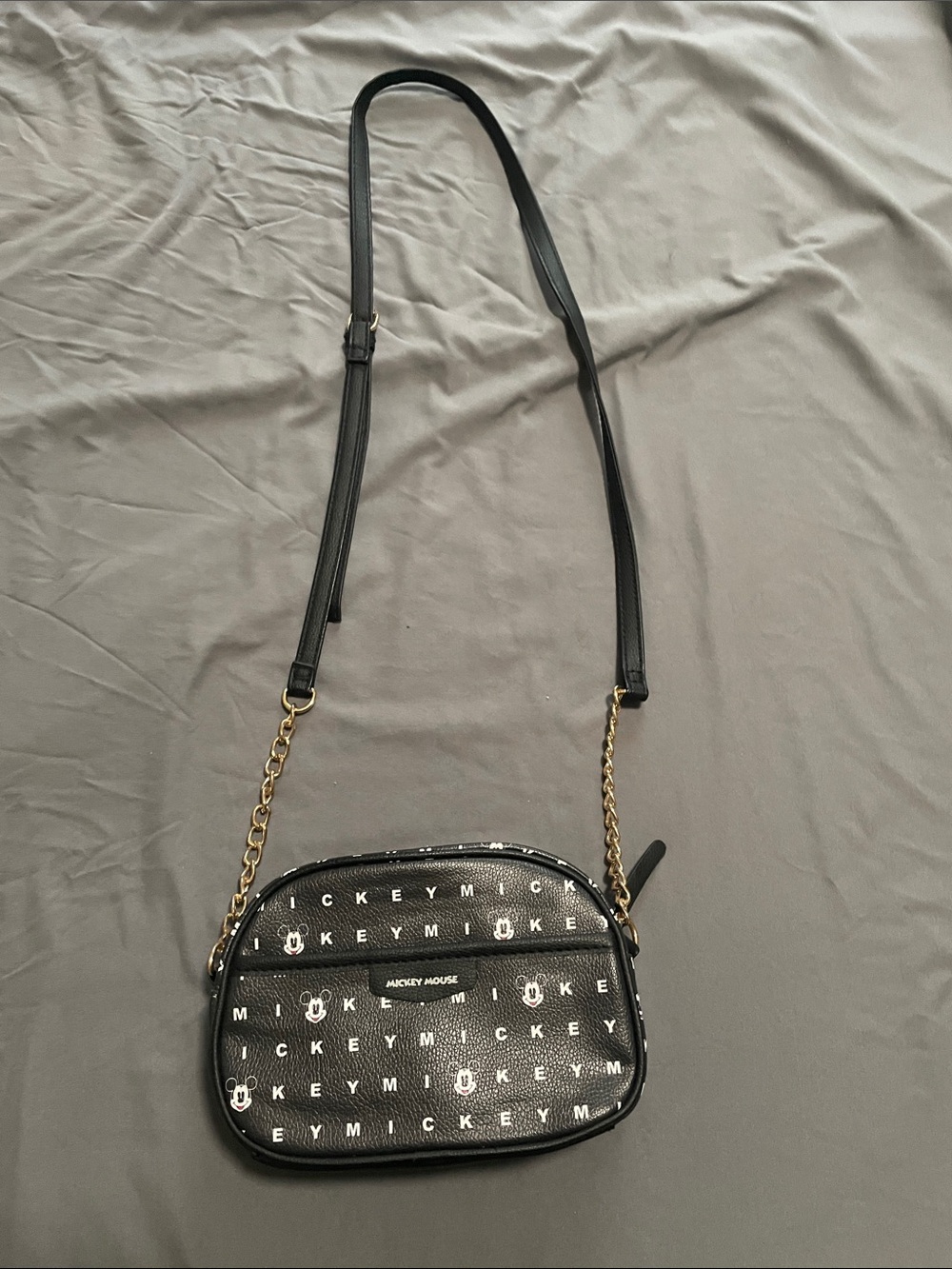 Mickey Mouse Black Crossbody Bag with Gold Chain Accent